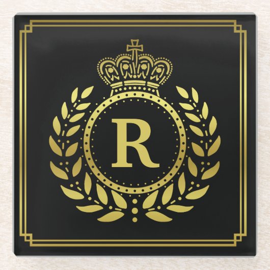 Monogrammed Laurel Wreath Crown Deco Black Gold Glazen Onderzetter (Voorkant)