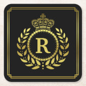 Monogrammed Laurel Wreath Crown Deco Black Gold Kartonnen Onderzetters (Voorkant)