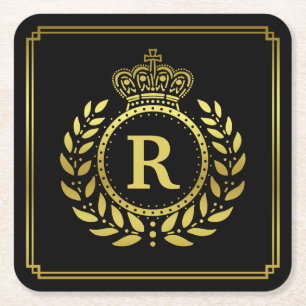 Monogrammed Laurel Wreath Crown Deco Black Gold Kartonnen Onderzetters
