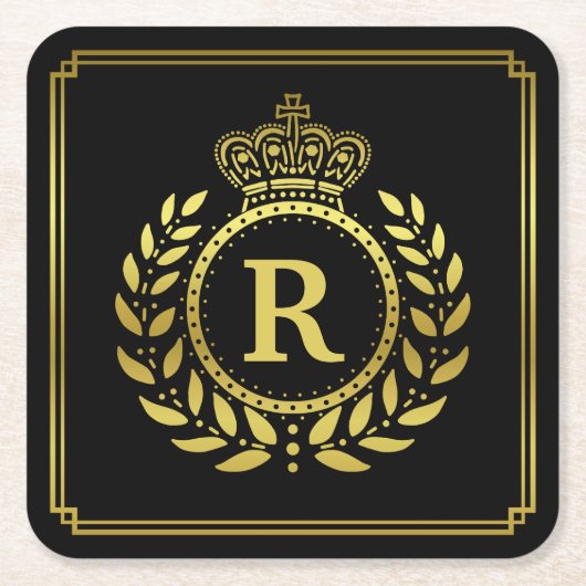 Monogrammed Laurel Wreath Crown Deco Black Gold Kartonnen Onderzetters (Voorkant)