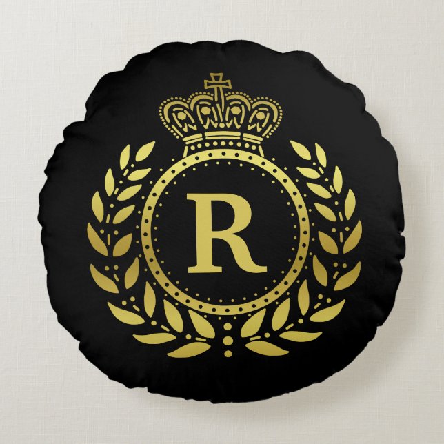 Monogrammed Laurel Wreath Crown Deco Black Gold Rond Kussen (Voorkant)