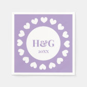 Monogrammed lavendel bruiloft servetten met harten (Voorkant)
