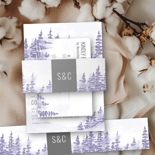 Monogrammed Lavender Winter Forest Wedding Uitnodigingen Wikkel