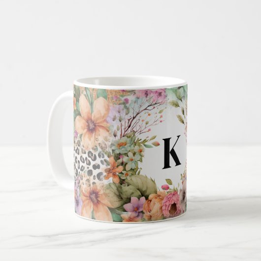 Monogrammed Leopard Print Floral Koffiemok (Voorkant links)