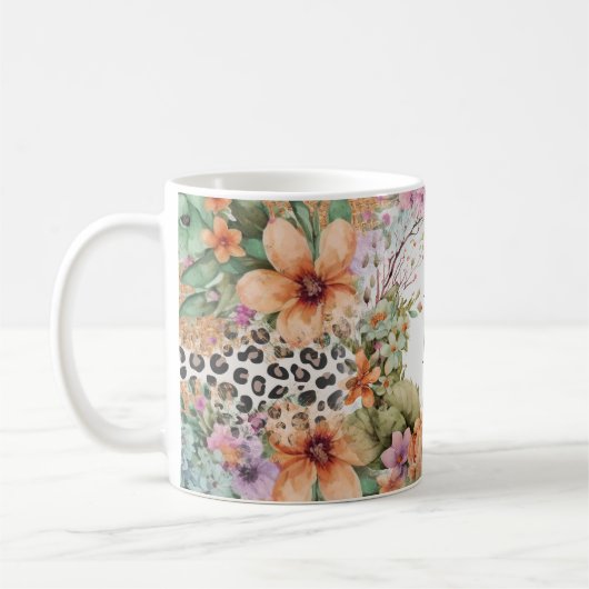 Monogrammed Leopard Print Floral Koffiemok (Links)