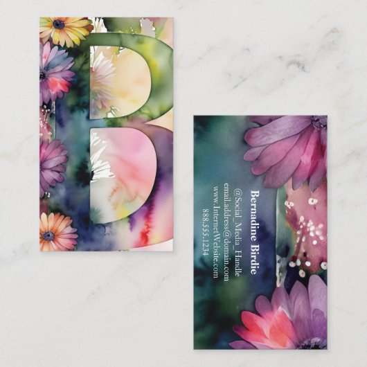 Monogrammed Letter B Eenvoudige Chic Bloemen Water Visitekaartje (Voorkant / Achterkant)
