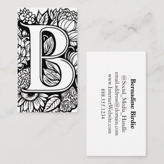 Monogrammed Letter B Eenvoudige zwart-witte bloem Visitekaartje (Voorkant / Achterkant)