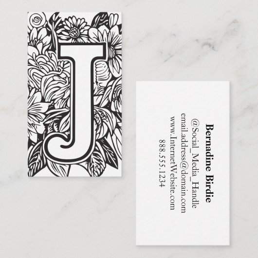 Monogrammed Letter J Eenvoudige zwart-witte bloem Visitekaartje (Voorkant / Achterkant)