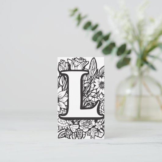 Monogrammed letter L Eenvoudige zwart-witte bloem Visitekaartje (Staand voorkant)
