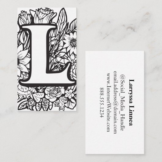 Monogrammed letter L Eenvoudige zwart-witte bloem Visitekaartje (Voorkant / Achterkant)