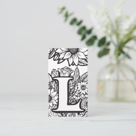 Monogrammed Letter L Zwart en wit Bloemen Bloemen Visitekaartje (Staand voorkant)