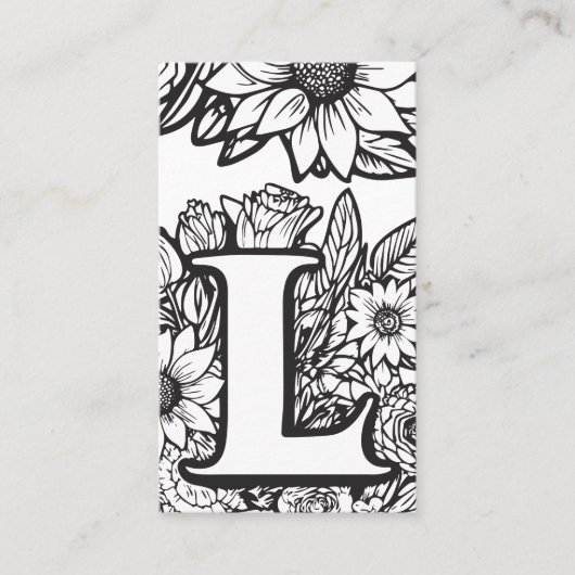 Monogrammed Letter L Zwart en wit Bloemen Bloemen Visitekaartje (Voorkant)
