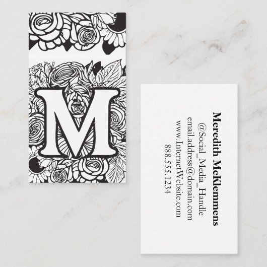 Monogrammed Letter M Eenvoudige zwart-witte bloem Visitekaartje (Voorkant / Achterkant)