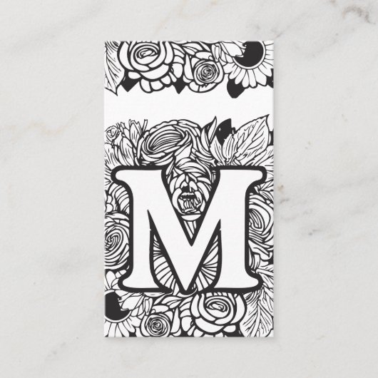 Monogrammed Letter M Zwart en wit Bloemen Bloemen Visitekaartje (Voorkant)