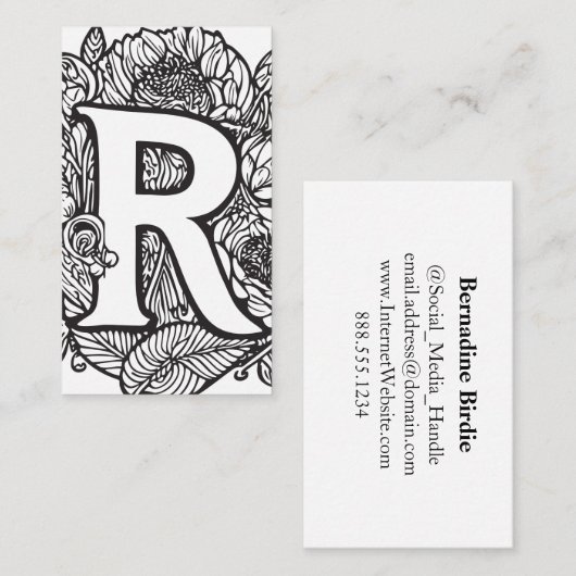 Monogrammed Letter R Eenvoudige zwart-witte bloem Visitekaartje (Voorkant / Achterkant)