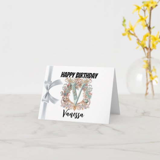 Monogrammed letter "V" Gelukkige Verjaardag Kaart (Gele Bloem)