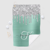 Monogrammed Licht Blauwgroen Zilver Druppelende Gl Golfhanddoek (Insitu)