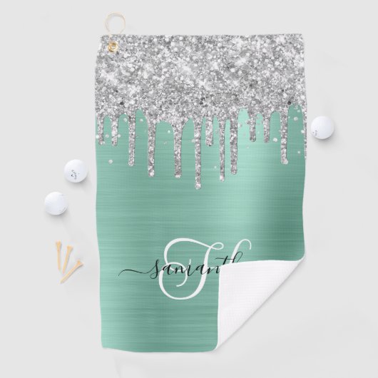 Monogrammed Licht Blauwgroen Zilver Druppelende Gl Golfhanddoek (Insitu)