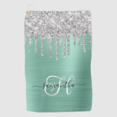 Monogrammed Licht Blauwgroen Zilver Druppelende Gl Golfhanddoek (Voorkant)