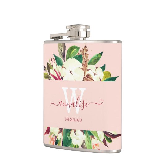 Monogrammed Licht Roze Bloemen Bruidsmeisje Heupfles (Links)