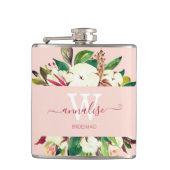 Monogrammed Licht Roze Bloemen Bruidsmeisje Heupfles (Voorkant)