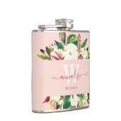 Monogrammed Licht Roze Bloemen Bruidsmeisje Heupfles (Rechts)