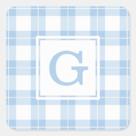 Monogrammed Lichtblauw en Wit geruite Patroon Vierkante Sticker