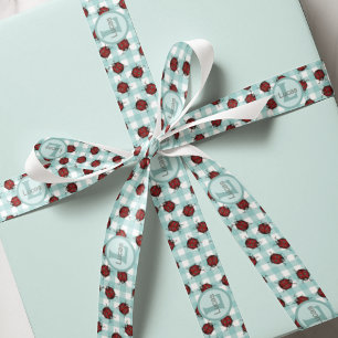 Monogrammed lieveheersbeestje en turquoise gingham satijnen lint