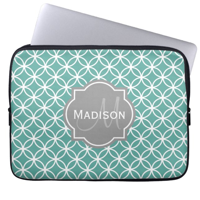 Monogrammed Light Blauwgroen Circle Pattern Laptop Sleeve (Voorkant)