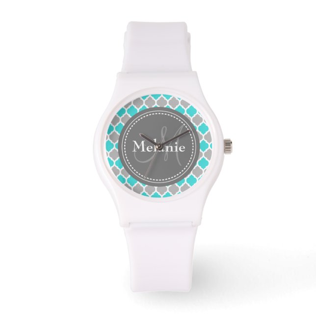 Monogrammed Light Blauwgroen & Grey Chevron Patter Horloge (Voorkant)