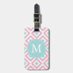 Monogrammed Light Pink Mint Diamonds Ikat Pattern Bagagelabel