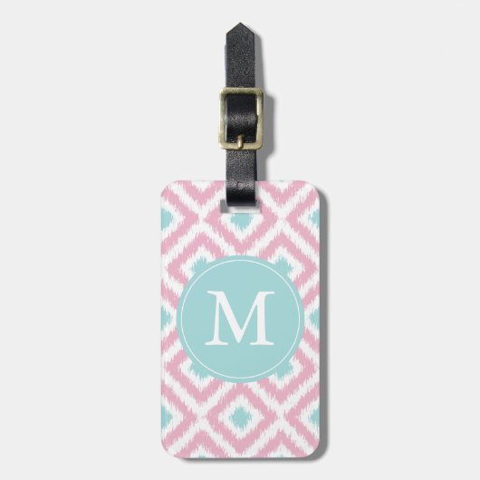Monogrammed Light Pink Mint Diamonds Ikat Pattern Bagagelabel (Voorkant verticaal)
