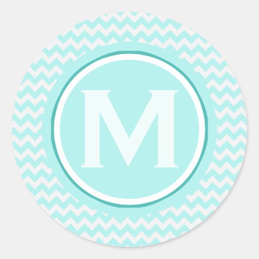 Monogrammed Light Turquoise Zigzag Pattern Ronde Sticker (Voorkant)