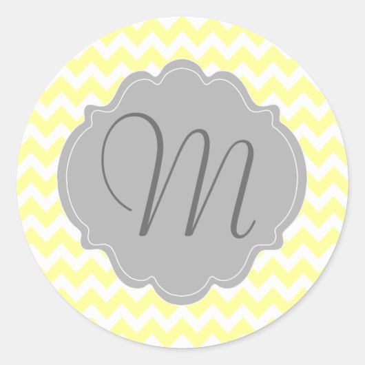 Monogrammed Light Yellow and Grey Chevron Pattern Ronde Sticker (Voorkant)