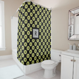 Monogrammed Lime Green Floral Patroon op Zwart Douchegordijn