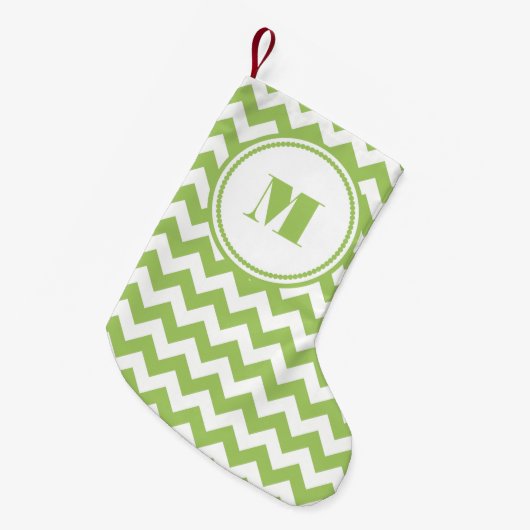 Monogrammed Lime Green White Striped Chevron Kleine Kerstsok (Voorkant (Hangend))