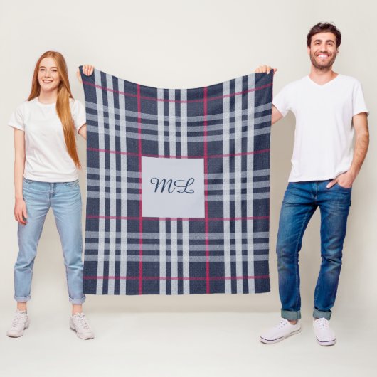 Monogrammed London Pset Checked Navy Blue Fleece Deken (In situ)