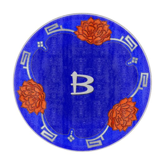 Monogrammed Lotus Blossom - Blauw, Rood, Zilver Snijplank (Voorkant)
