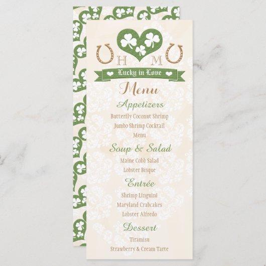 Monogrammed Lucky in Love Shamrock Wedding Menu (Voorkant / Achterkant)