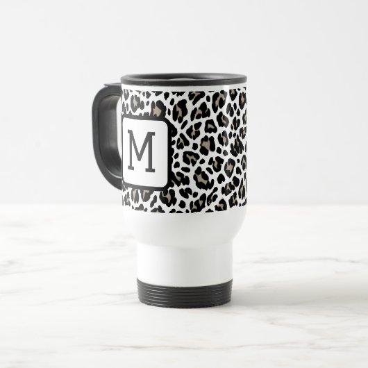 Monogrammed Luipaard Print Zwart-wit Reisbeker (Voorkant links)