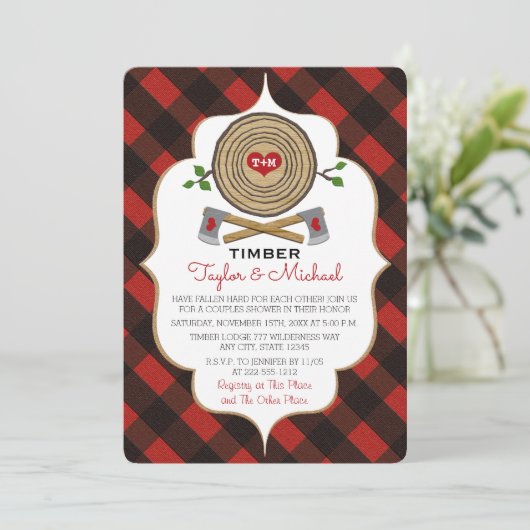 Monogrammed Lumberjack en Jill Wedding Shower Kaart (Staand voorkant)