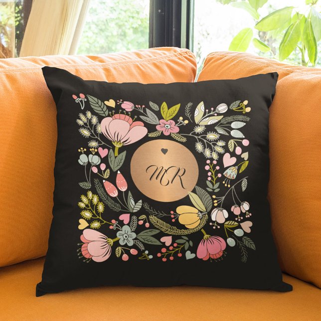 Monogrammed luxe gouden bloemen roze zwart kussen (Creator heeft geüpload)
