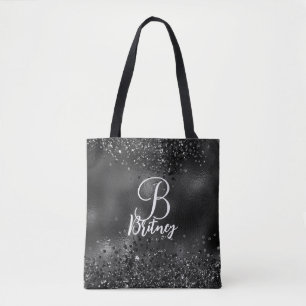Monogrammed Luxe Zwart Glamour Glitter Patroon Tote Bag