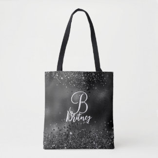 Monogrammed Luxe Zwart Glamour Glitter Patroon Tote Bag