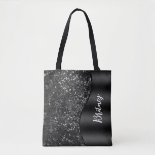 Monogrammed Luxe Zwart Glamour Glitter Patroon Tote Bag