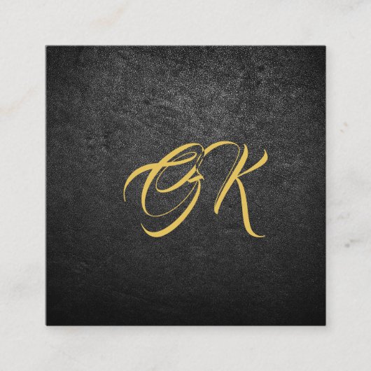Monogrammed luxe zwart leer goud metallic vierkante visitekaartje (Voorkant)