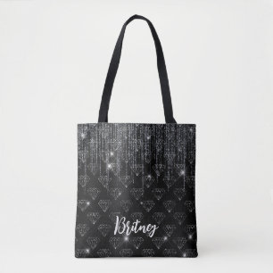 Monogrammed Luxe Zwarte Glamour Glitter Diamanten Tote Bag