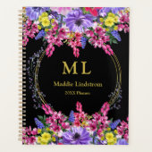 Monogrammed Luxury Black Multicolor Floral Custom Planner (Voorkant)