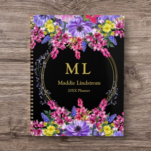 Monogrammed Luxury Black Multicolor Floral Custom Planner