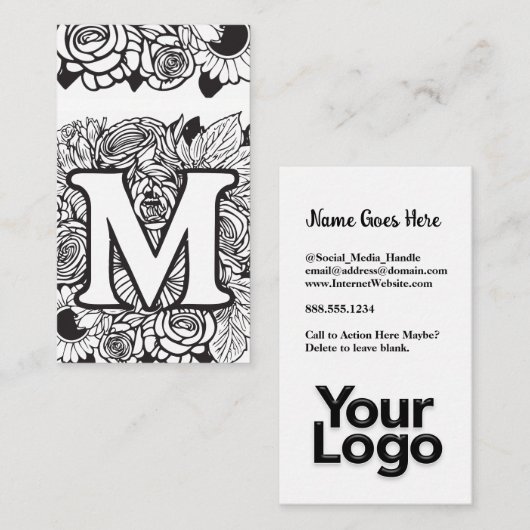 Monogrammed M Bloemen Zwart en Wit Bedrijf Logo Visitekaartje (Voorkant / Achterkant)